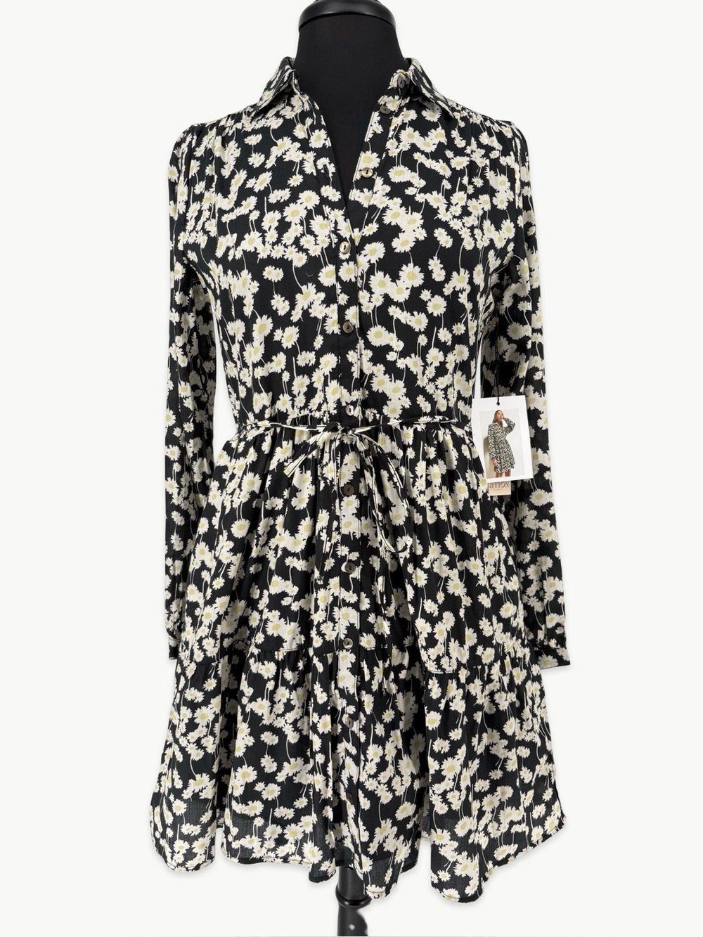 NATION LTD Sabreena Mini Dress Size Small Black Daisy Floral Organic Cotton NWT